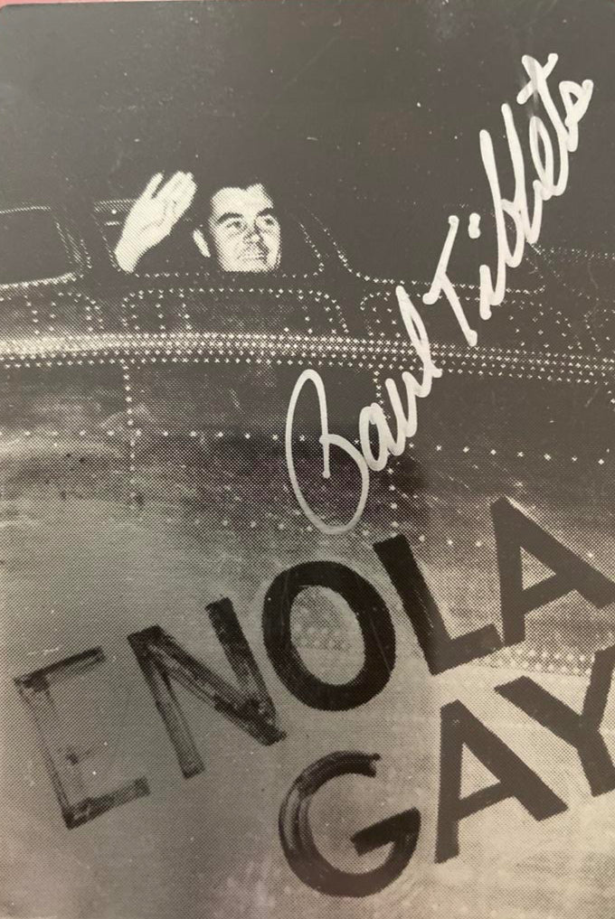 Paul Tibbets signed lucite block with signed picture on one side and Enola Gay Specifications on the verso - Beckett COA